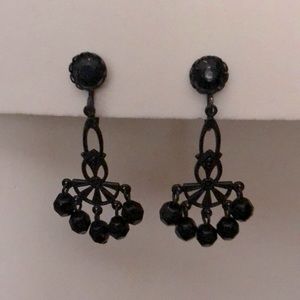 Black Metal and Bead Drop Earrings